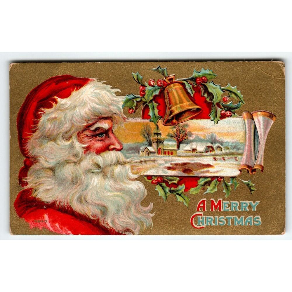Santa Claus Christmas Postcard Saint Nick Profile Church Bells Embossed Vintage